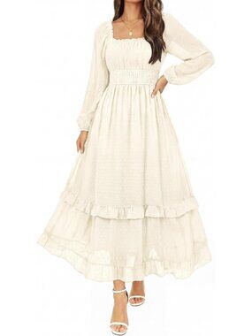 Women's White Fall Swiss Dot Chiffon Square Neck A-Line Wedding Guest Maxi Dress
